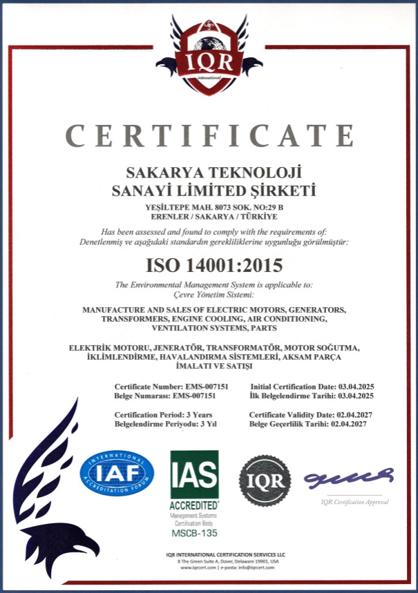 ISO14001:2015 Sakarya Teknoloji Quality Certification
